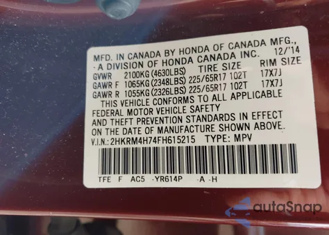 2015 Honda Cr-V Ex-L z USA, uszkodzony, nr VIN 2HKRM4H74FH615215